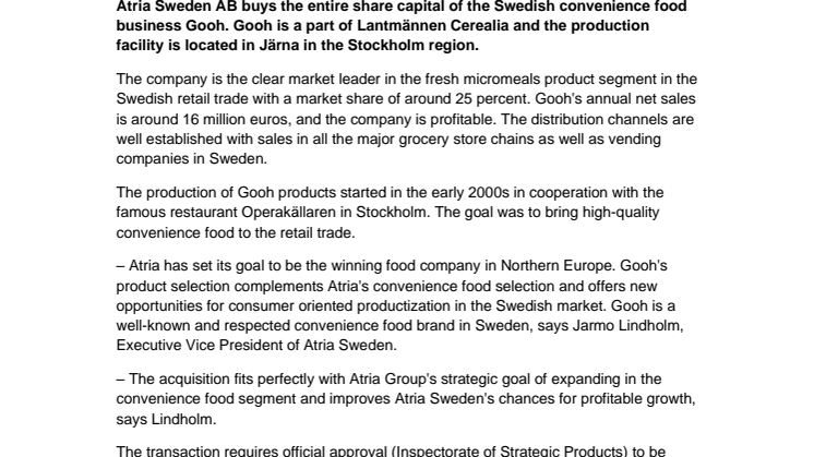 Atria buys the Swedish convenience food business Gooh