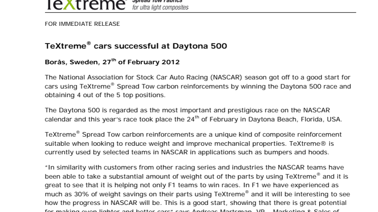 TeXtreme® cars successful at Daytona 500