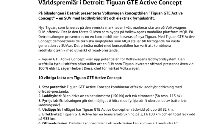 Världspremiär i Detroit: Tiguan GTE Active Concept