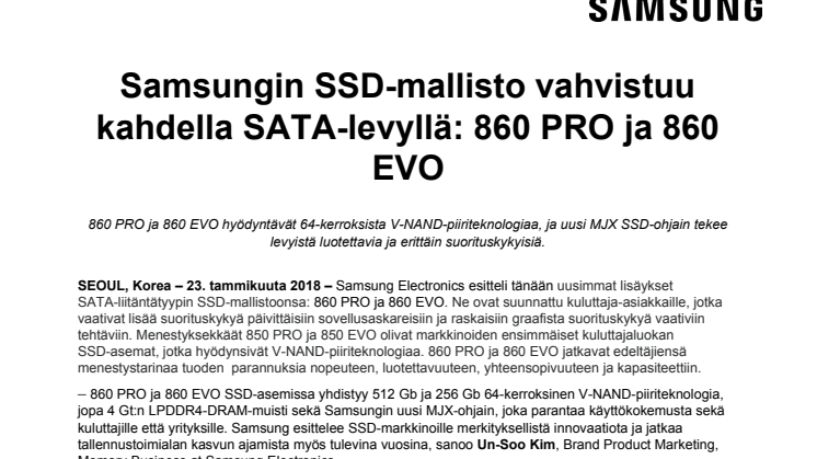 Samsungin SSD-mallisto vahvistuu kahdella SATA-levyllä: 860 PRO ja 860 EVO