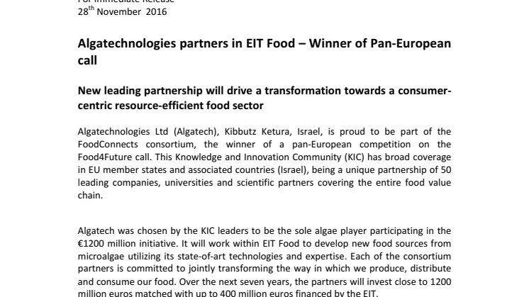 Algatechnologies partners in EIT Food – Winner of Pan-European call 