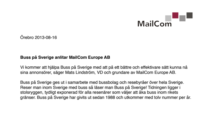 Buss på Sverige anlitar MailCom Europe AB
