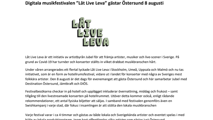 Digitala musikfestivalen ”Låt Live Leva” gästar Östersund 8 augusti