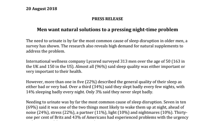 PRESS RELEASE:  Men want natural solutions to a pressing night-time problem