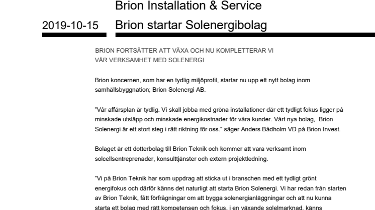 Brion installation och service startar solenergibolag