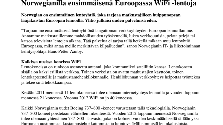Norwegianilla ensimmäisenä Euroopassa WiFi -lentoja 