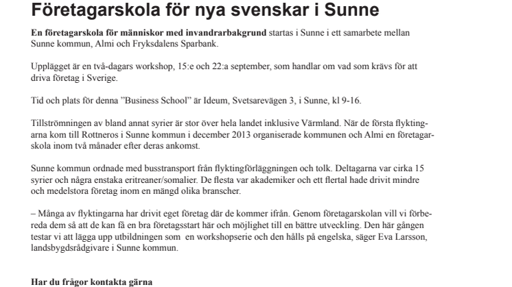Företagarskola för nya svenskar i Sunne