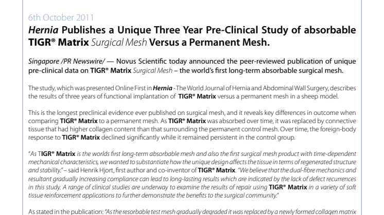 Hernia Publishes a Unique Three Year Pre-Clinical Study of absorbable TIGR® Matrix Surgical Mesh Versus a Permanent Mesh