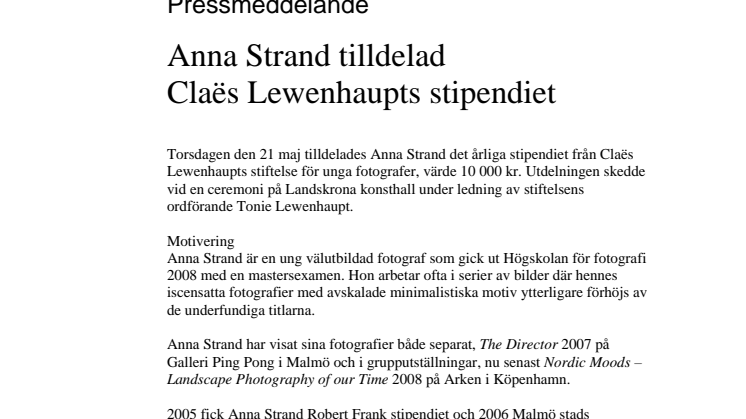 Anna Strand tilldelad Claës Lewenhaupts stipendiet 