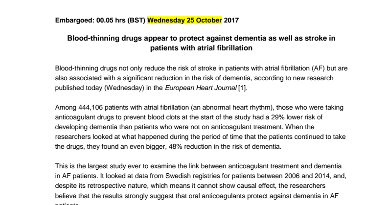Blood-thinning drugs appear to protect against dementia as well as stroke in patients with atrial fibrillation
