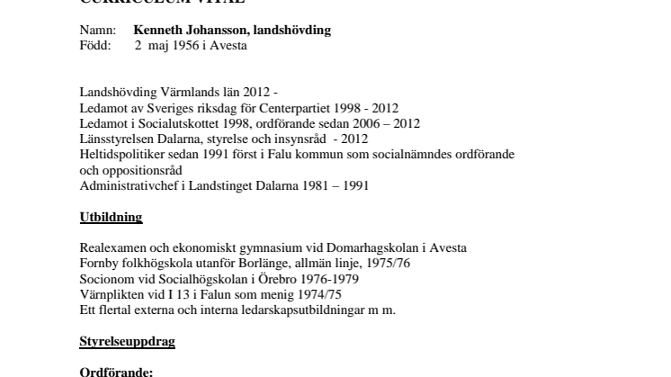 Landshövding Kenneth Johanssons CV 2012