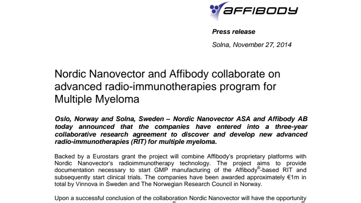 Nordic Nanovector and Affibody collaborate on advanced radio-immunotherapies program for Multiple Myeloma