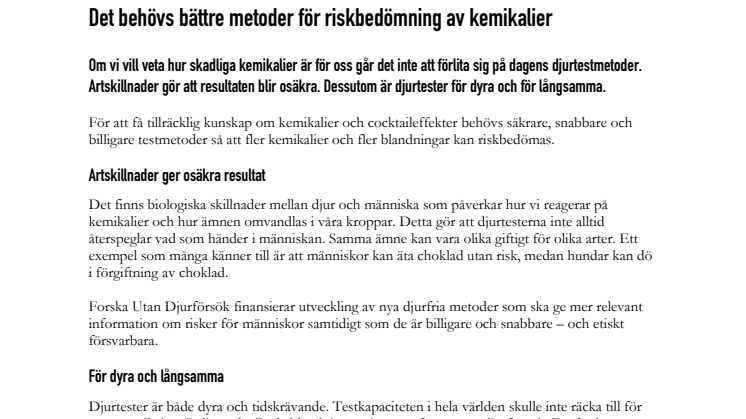 Det behövs bättre metoder för riskbedömning av kemikalier