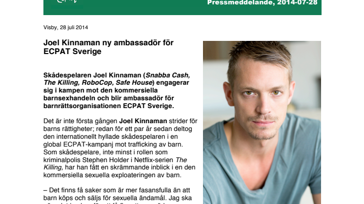 Joel Kinnaman ny ambassadör för ECPAT Sverige 