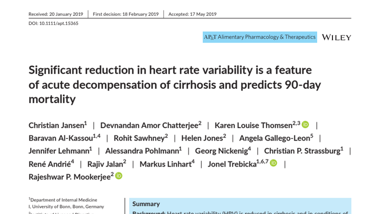 Significant reduction in heart rate variability is a feature of acute decompensation of cirrhosis and predicts 90‐day mortality