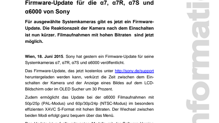 Firmware-Update für die α7, α7R, α7S und α6000 von Sony