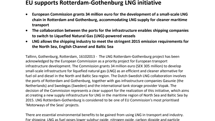 EU supports Rotterdam-Gothenburg LNG initiative