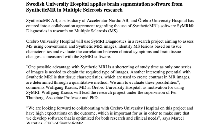 Swedish University Hospital applies brain segmentation software from SyntheticMR in Multiple Sclerosis research
