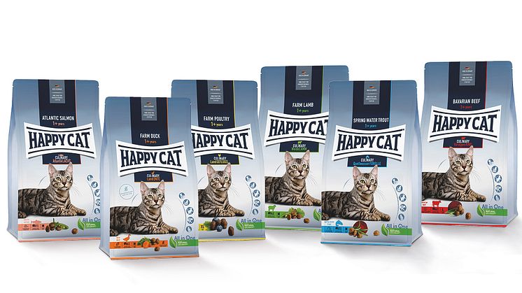 Die Happy Cat Culinary-Vielfalt (für Katzen ab 1+): Voralpen- Rind, Weide-Lamm, Land-Ente, Land-Geflügel Atlantik-Lachs und Quellwasser- Forelle.