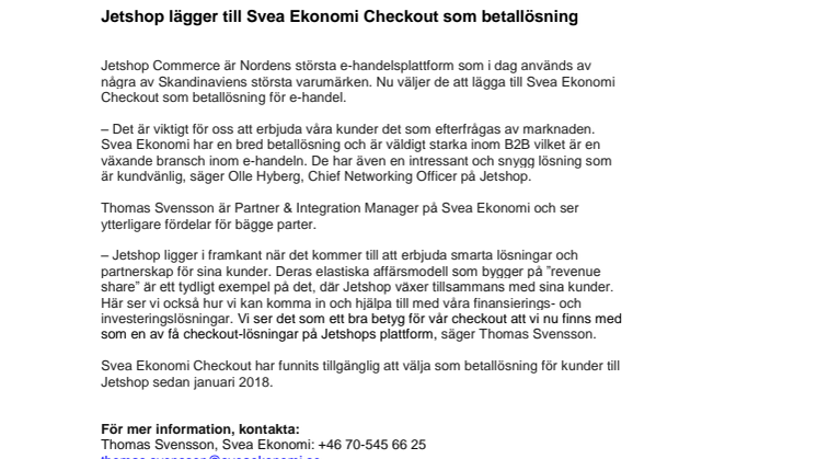 Jetshop lägger till Svea Ekonomi Checkout som betallösning