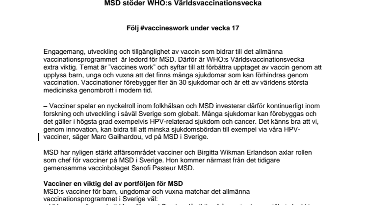 MSD stöder WHO:s Världsvaccinationsvecka