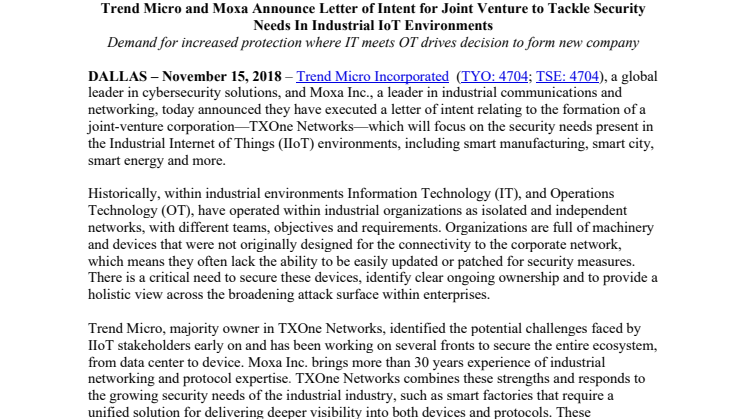 Trend Micro och Moxa bildar TXOne Networks  för att skydda den uppkopplade industrin