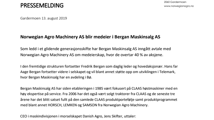 ​Norwegian Agro Machinery AS blir medeier i Bergan Maskinsalg AS