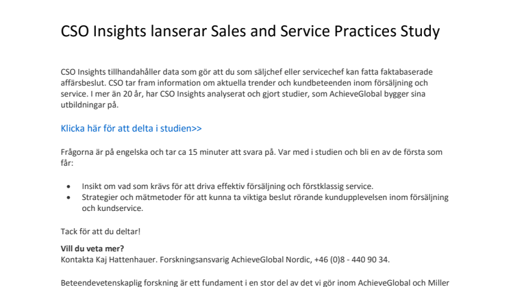 CSO Insights lanserar Sales and Service Practices Study