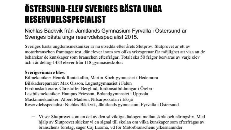 Östersund-elev Sveriges bästa unga reservdelsspecialist