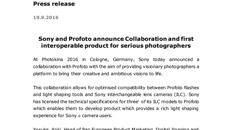 Sony ja Profoto aloittavat yhteistyön  ja julkaisevat ensimmäisen yhteensopivan tuotteen vaativille valokuvaajille 
