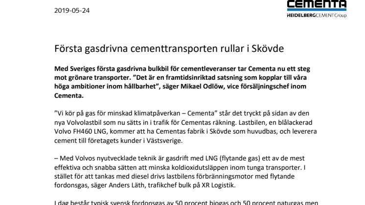 Första gasdrivna cementtransporten rullar i Skövde