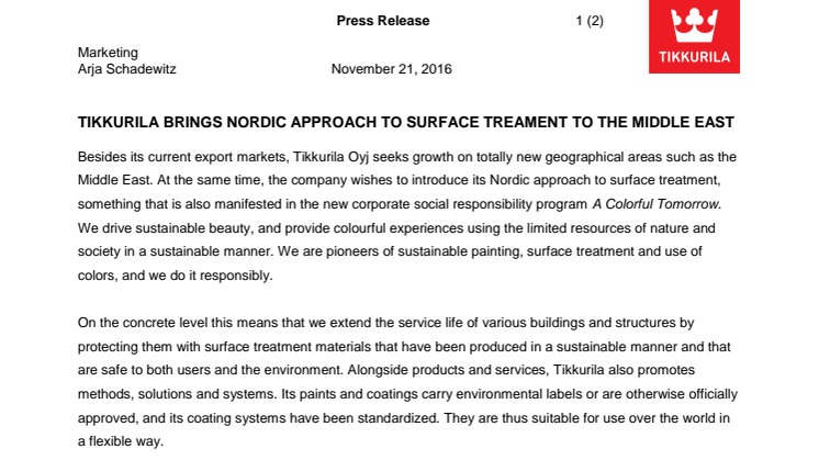 TIKKURILA BRINGS NORDIC APPROACH TO SURFACE TREAMENT TO THE MIDDLE EAST
