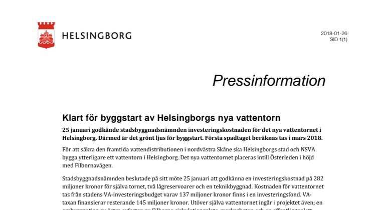 ​Klart för byggstart av Helsingborgs nya vattentorn