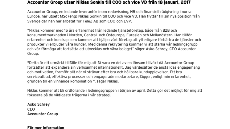 Accountor Group utser Niklas Sonkin till COO och vice VD från 18 januari, 2017
