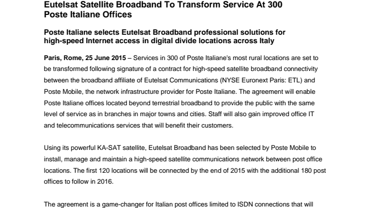 Eutelsat Satellite Broadband To Transform Service At 300 Poste Italiane offices 