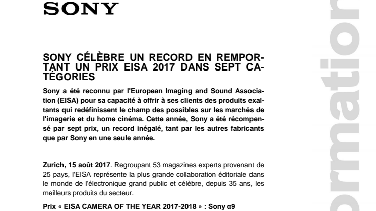SONY CÉLÈBRE UN RECORD EN REMPORTANT UN PRIX EISA 2017 DANS SEPT CATÉGORIES