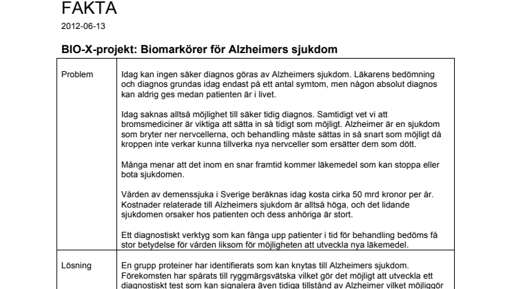 BIO-X-projekt: Biomarkörer för Alzheimers sjukdom