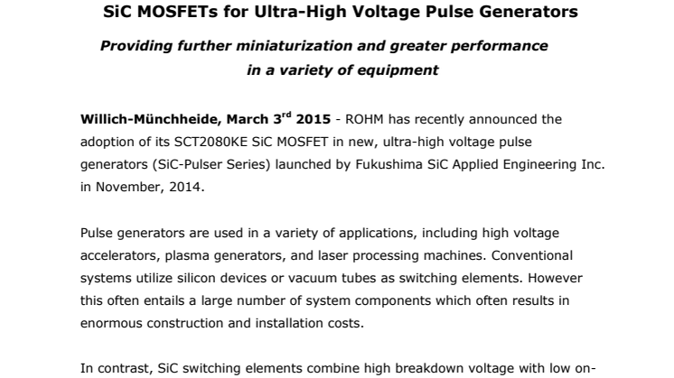 SiC MOSFETs for Ultra-High Voltage Pulse Generators -- Providing further miniaturization and greater performance in a variety of equipment