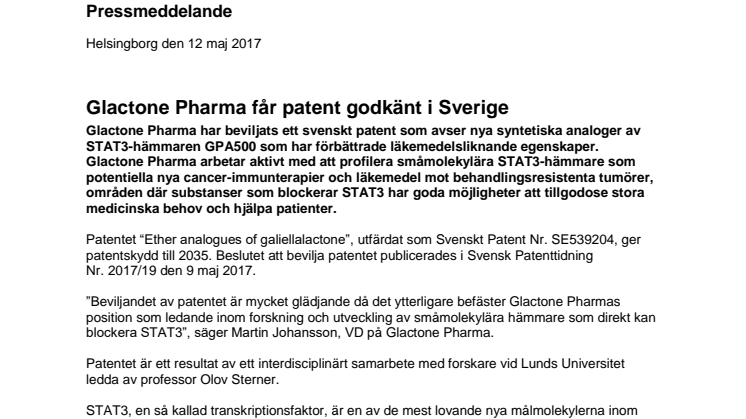 Glactone Pharma får patent godkänt i Sverige