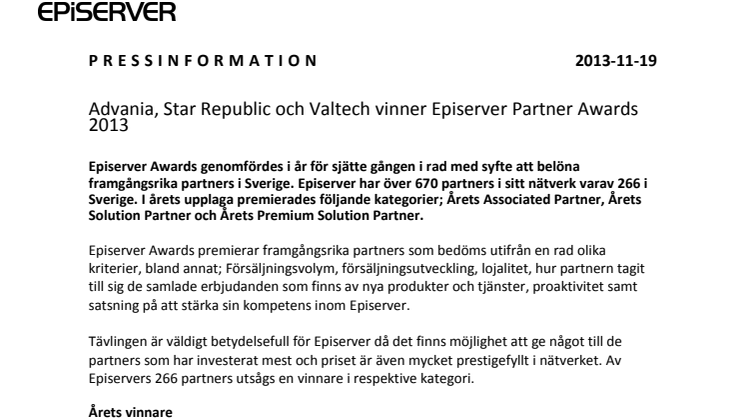 Advania, Star Republic och Valtech vinner Episerver Partner Awards 2013