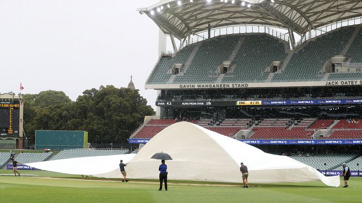 The game was abandoned after 4.1 overs.