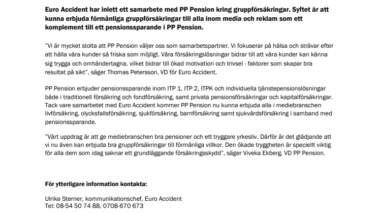 Euro Accident i samarbete med PP Pension för att öka tryggheten i mediebranschen