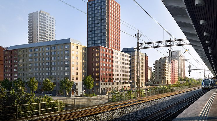 Tidig visionsskiss över Wallenstams planerade nybyggnation i Årstaberg. Arkitekt FOJAB.