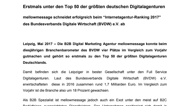 Erstmals unter den Top 50 der größten deutschen Digitalagenturen