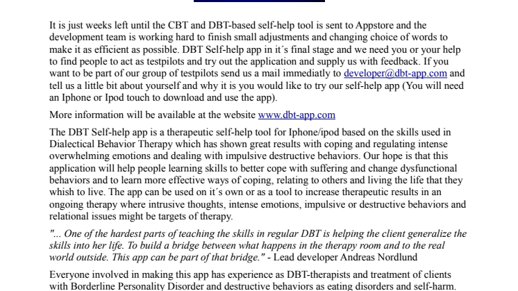 Testpilots needed for Dialectical Behavior Therapy Self-help app for Iphone
