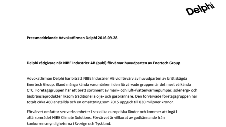Delphi rådgivare när NIBE Industrier AB (publ) förvärvar huvudparten av Enertech Group