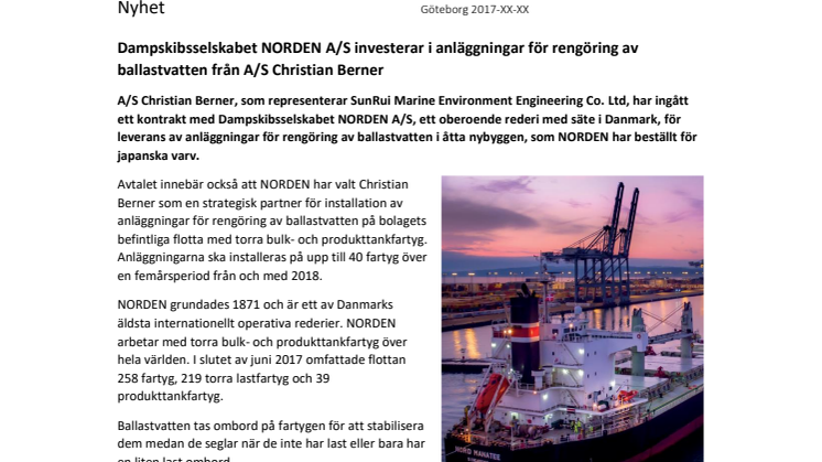 Dampskibsselskabet NORDEN A/S investerar i anläggningar för rengöring av ballastvatten från A/S Christian Berner