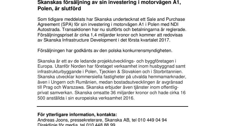 Skanskas försäljning av sin investering i motorvägen A1, Polen, är slutförd