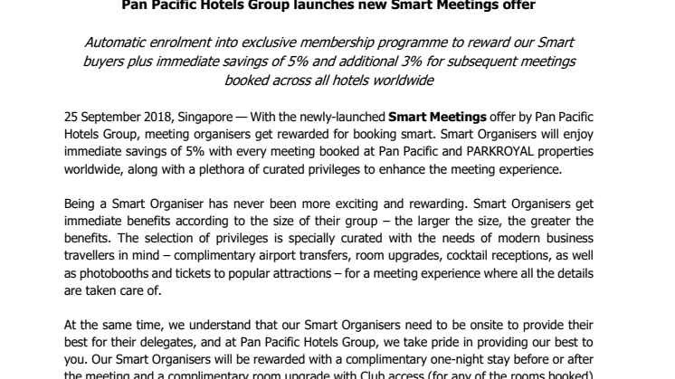 Pan Pacific Hotels Group launches new Smart Meetings offer