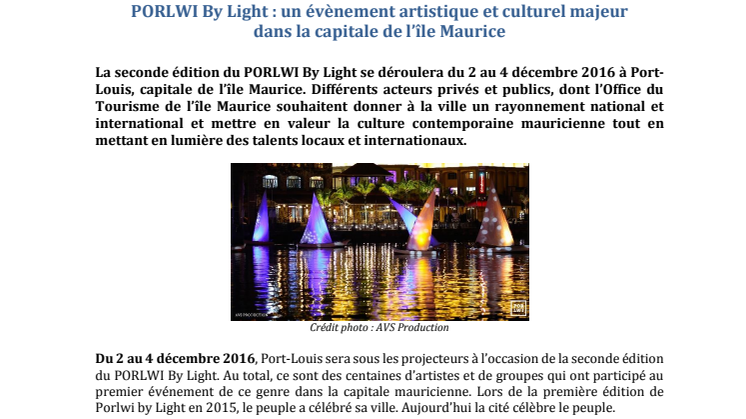 PORLWI By Light : un évènement artistique et culturel majeur  dans la capitale de l’île Maurice